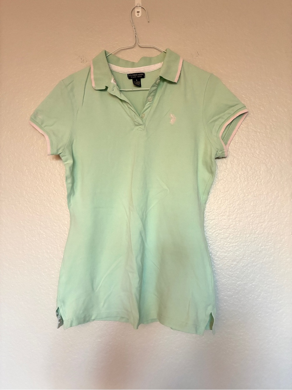U.S. Polo Assn Women's Mint Green Polo Shirt White Trim Cap Sleeve Size S Y2K